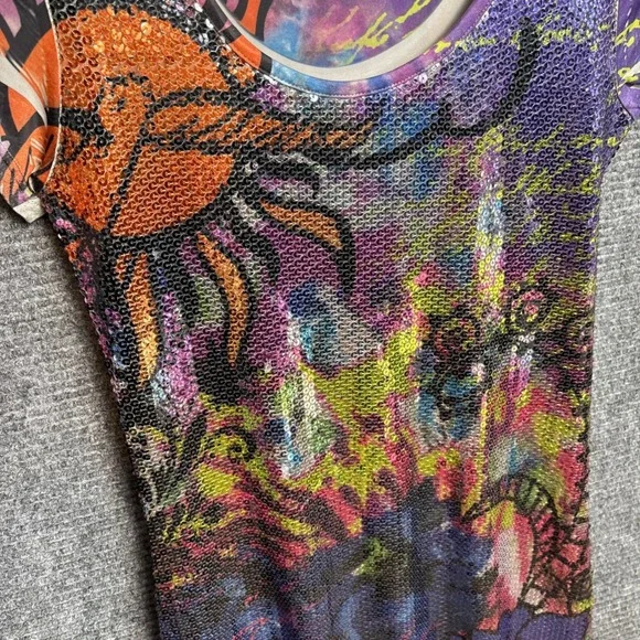 Y2K Sequin Graphic T-Shirt Purple Sun Floral Script Print Short Sleeve Top S - Picture 2 of 5